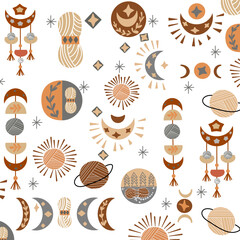 vector set of vintage moon and yarn , boho moon , crochet