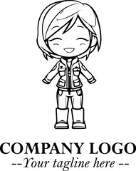 Black and White Chibi Girl Standing in Jacket, Pants, and Boots. Simple Bold Vector Illustration
