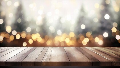 Warm light and blur of holiday season, rustic wooden table top with copy space