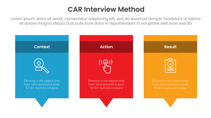 CAR interview method infographic 3 point with rectangle box and callout comment dialog on bottom for slide presentation