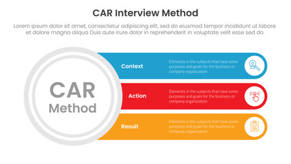 CAR interview method infographic 3 point with big circle and long rectangle box for slide presentation vector