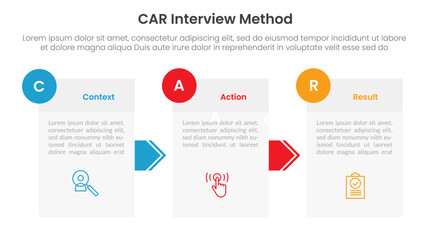 CAR interview method infographic 3 point with box information and arrow direction for slide presentation