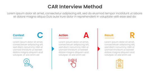 CAR interview method infographic 3 point with column separation with arrow outline for slide presentation