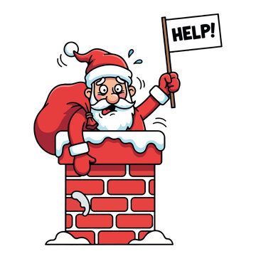 Santa stuck in chimney, funny cartoon