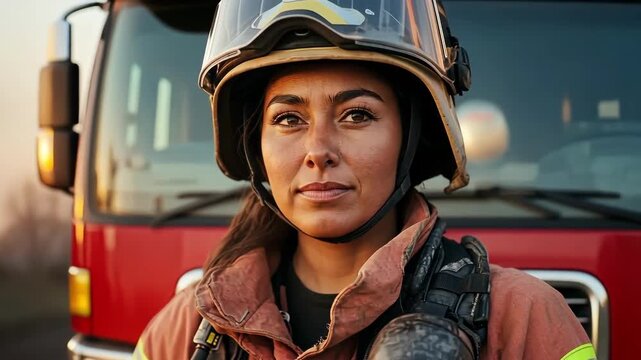 Confident female firefighter in gear stands before a fire truck at sunset.