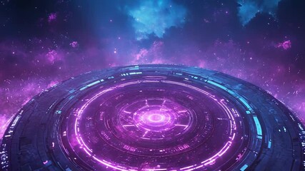 Sci fi flying saucer hovering neon glowing alien spaceship - Powered by Adobe