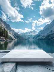 Luxury Marble Product Podium with Alpine Lake and Mountain View Backdrop, Empty White Marble Surface Mockup on Rocks with Glacier Lake Scenery, Natural Beauty Product Display on Stone Platform against