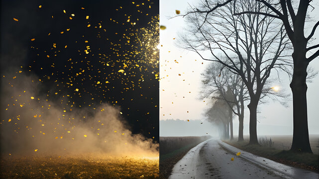 Duality of nature contrasting fire and foggy road