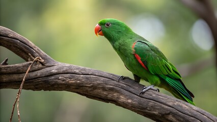 Naklejka premium Green Parrot Perched on Curved Branch – Detailed Wildlife Close-Up.