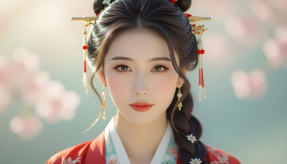 Traditional Chinese beauty portrait with soft makeup, rosy cheeks, and pink floral bokeh background