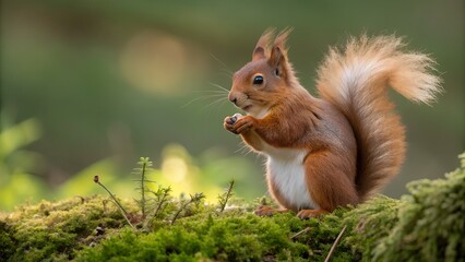 Obraz premium Red Squirrel Holding a Nut on Moss in Forest – Close-Up Wildlife Portrait.