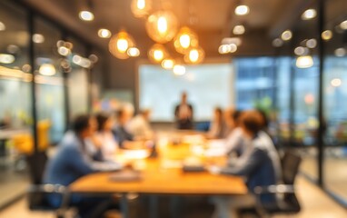 Blur office meeting blurred background with business people working group in boardroom discussion for teamwork brainstorming, executive seminar or professional training in small startup enterprise