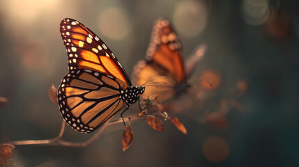 Close up of a monarch butterfly perched on a plant with another butterfly in the background