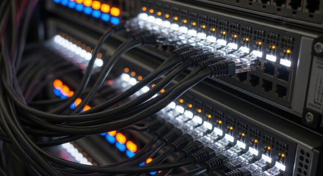 Network cables plugged into server switches with glowing indicator lights for data flow