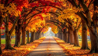 An avenue of trees frames a road. Autumn colors of red, orange, and yellow cascade over and line the path