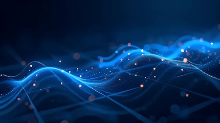 A soft wave of connected digital circuits made with thin blue lines and shimmering data points, forming a smooth tech flow pattern on a modern dark backdrop. - Powered by Adobe