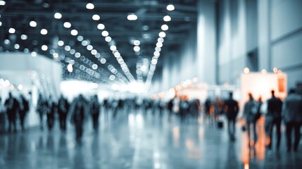 An expo hall bustling with activity and attendees, business conference, blurred background, with copy space. High quality