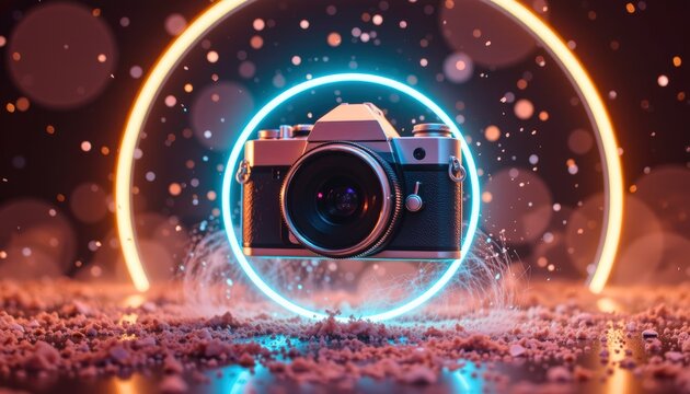 A vintage camera floating in mid air surrounded by holographic light rings soft dust particles and w