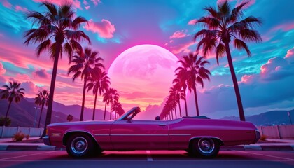 A retro convertible parked under neon palm trees with holographic skies above merging warm sunset to