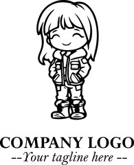 Black and White Chibi Girl Standing in Jacket, Pants, and Boots. Simple Bold Vector Illustration

