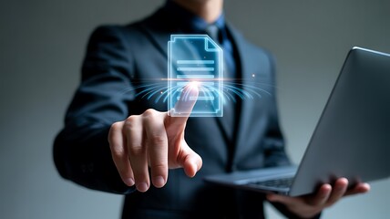 Businessman accessing digital documents and data on a virtual interface with a laptop