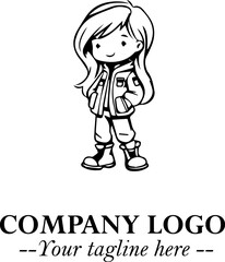 Black and White Chibi Girl Standing in Jacket, Pants, and Boots. Simple Bold Vector Illustration

