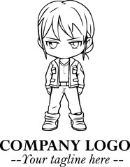 Black and White Chibi Girl Standing in Jacket, Pants, and Boots. Simple Bold Vector Illustration
