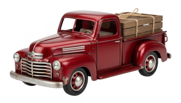 Red Antique Toy Truck With Wooden Crate, Farmhouse Style