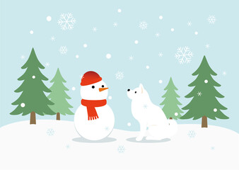 Winter scene with snowman and dog