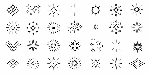 Collection of hand drawn starbursts and sparkles in black outline on a white background