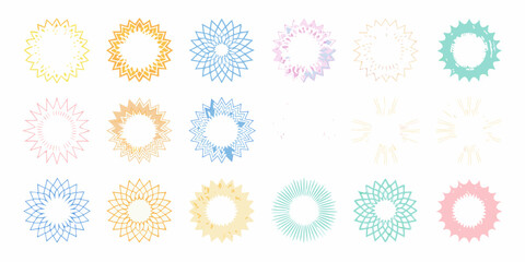 Collection of colorful starbursts and sunburst graphics in various geometric and abstract designs © Sanjoy