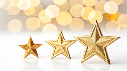 Obraz premium Three golden stars of varying sizes on a white surface with bokeh background