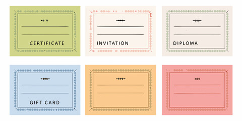 Collection of six colorful blank certificate invitation diploma and gift card templates with decorative borders