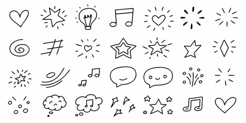 Collection of hand drawn doodle icons including hearts stars lightbulb music notes speech bubbles and more on white background