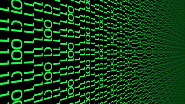 Digital binary code background purple color, seen from the side 4k video