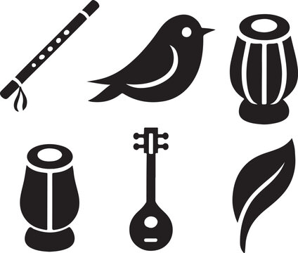 Collection of indian musical instruments and bird silhouette