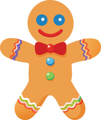 A cheerful gingerbread man with a red bow tie and colorful details