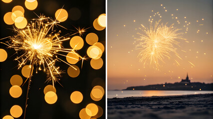 Sparkling fireworks display over a coastal landscape at dusk