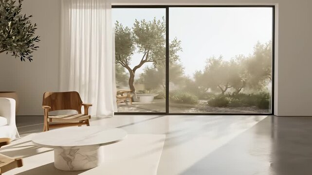 A minimalist living room with a solitary chair placed in front of a large window framing a serene patio view, perfectly capturing the concept of relaxation and introspection in a modern.