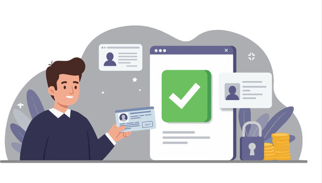 Secure Identity Verification Illustration of a Man Holding an ID Card with Online Checkmark