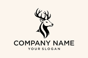 Elegant Stag Deer Head Logo Design with Antlers, Minimalist Black and White Animal Mascot Illustration for Branding