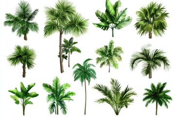 A vibrant tropical landscape with lush green palm trees, exotic birds, and a serene body of water, set against a backdrop of towering mountains and a clear blue sky.