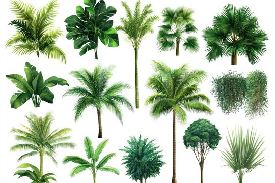 The lush tropical landscape is dominated by a variety of palm trees and other tropical flora, with a vibrant green color palette and a sense of tranquility.