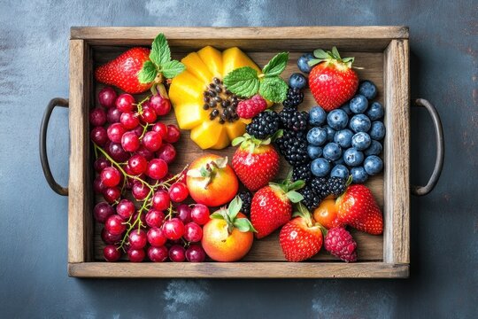 A wooden tray filled with a variety of fresh fruits and vegetables, including strawberries, blueberries, grapes, and carrots. - Powered by Adobe