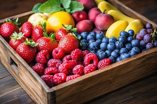 A vibrant wooden crate filled with a variety of fresh fruits and vegetables, including strawberries, raspberries, blueberries, lemons, bananas, and peaches, set against a rustic wooden background.