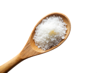 Wooden spoon filled with coarse salt isolated on black isolated on white background isolated on transparent background