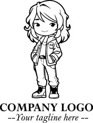 Black and White Chibi Girl Standing in Jacket, Pants, and Boots. Simple Bold Vector Illustration
