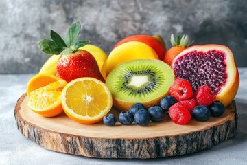 A vibrant display of fresh fruits and vegetables, arranged on a rustic wooden cutting board, set against a backdrop of a rustic wooden table.