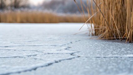 Icy surface with cracks and tall grasses at the edge, showcasing a serene winter landscape.