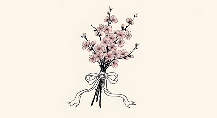 a single bouquet of cherry blossoms tied with silk ribbon painted on rice paper.